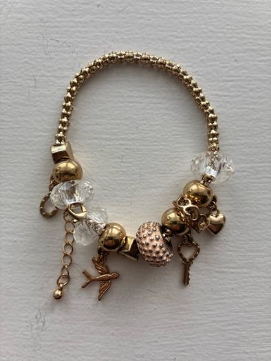 Gold Tone Dangle Charm Bead Bracelet with Bird & Key Charms
