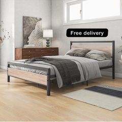 4ft6 Double Bed Frames with Wood Headboard Heavy D