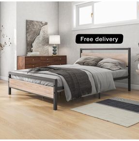 4ft6 Double Bed Frames with Wood Headboard Heavy D