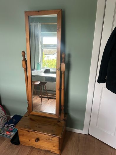 Solid Pine Cheval Mirror with Storage Drawer