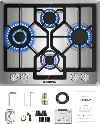 Gas Hob 4 Burners, 60cm Built-in Stainless Steel Cooktop, NG/LPG Convertible Propane Gas Stove with Flame Failure Thermocouple Protection, 8800W High Power