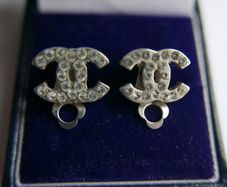 CHANEL CC Logos Used Earrings Silver Rhinestones Clip-On  Vintage