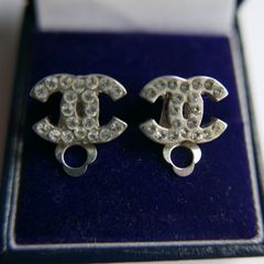CHANEL CC Logos Used Earrings Silver Rhinestones Clip-On  Vintage