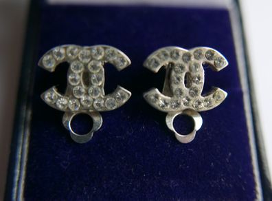 CHANEL CC Logos Used Earrings Silver Rhinestones Clip-On  Vintage