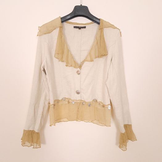 Beauty Angel Beige Neutral Ruffled Chiffon Collar Charm Trim Jacket
