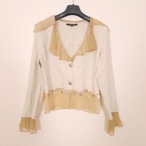 Beauty Angel Beige Neutral Ruffled Chiffon Collar Charm Trim Jacket