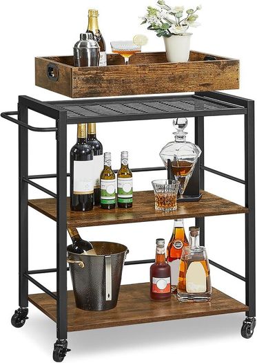 Industrial Style Serving Trolley Kitchen Trolley with Removable Tray with Adjustable Feet and Wheels Kitchen Shelf Steel Frame 65 x 40 x 86 cm Brown Rustic Black