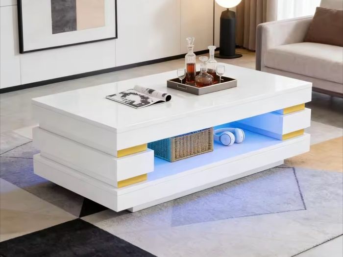 High Gloss Coffee Table with LED Lights White Living Room Table.