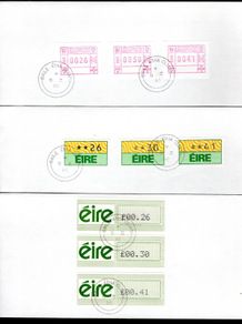 1990 Ireland Definitive from vending Machines (Frama Dublin, Klussenforf Limerick & Amiel/ Pitney-Bowes Philatelic Bureau set with first day of issue cancel (8th October 1990)