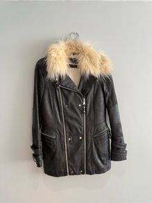 Pre Owned River Island Faux Leather Biker Jacket with Cream Faux Fur Collar