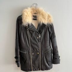 Pre Owned River Island Faux Leather Biker Jacket with Cream Faux Fur Collar