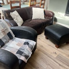 Brown Leather couch chair pouf