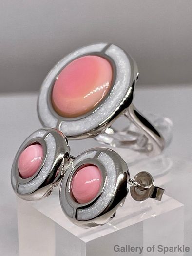 Queen Conch Shell Ring and  Stud Push Post Earring in Rhodium Overlay Sterling Silver