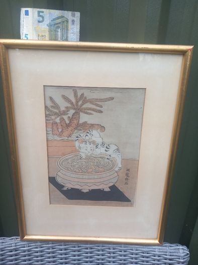 Cat Pawing at Fish, framed print, D18