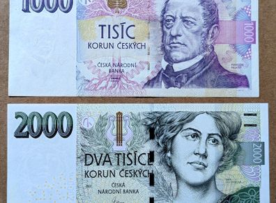 Czech Republic (czechia) - 1000 Korun 2000+ 2000 Korun 2007 Banknote P 15b P 26d