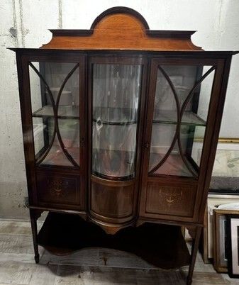 English Edwardian Sheraton Revival Inlaid Mahogany China Cabinet, Circa 1895