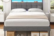 King Size Bed Frame 150x200 with Storage Upholstered Bed Frame with LED Lights &amp; Charging Station Upholstered Storage Headboard/Under Bed Storage/Noise Free (King-150x200cm)
