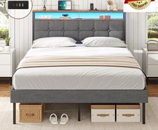 King Size Bed Frame 150x200 with Storage Upholstered Bed Frame with LED Lights & Charging Station Upholstered Storage Headboard/Under Bed Storage/Noise Free (King-150x200cm)