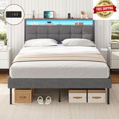 King Size Bed Frame 150x200 with Storage Upholstered Bed Frame with LED Lights & Charging Station Upholstered Storage Headboard/Under Bed Storage/Noise Free (King-150x200cm)