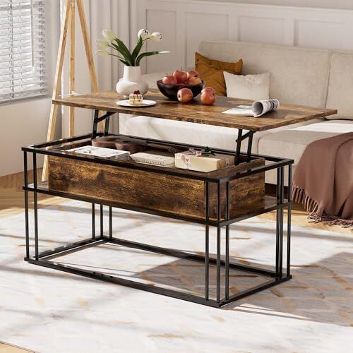 Lift Top Coffee Table - Modern Square Tables, Stable Metal Frame & Hidden Storage, Centre Table for Living Room, Small Space, Home Office