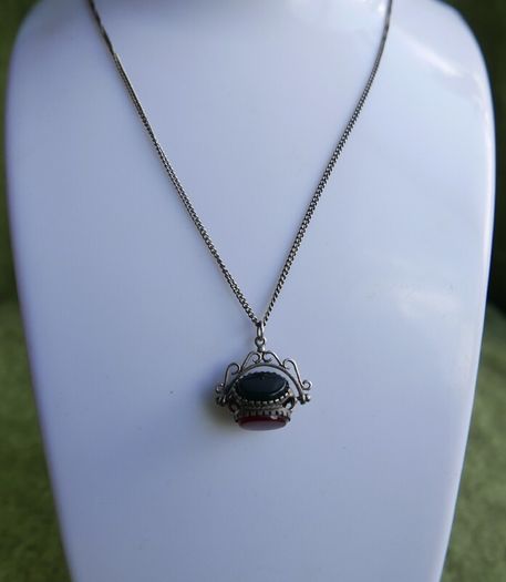 Victorian Sterling Silver 925 Triple Spinning Fob Pendant with  Chain (Onyx Agate Carnelian Spinning Fob) length 19" - 5g
