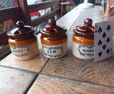 Vintage stoneware jars, honey marmalade jam, never used, D18