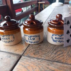 Vintage stoneware jars, honey marmalade jam, never used, D18