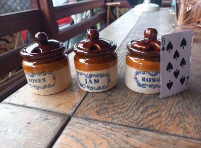 Vintage stoneware jars, honey marmalade jam, never used, D18