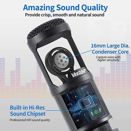 USB Microphone Metal Computer Condenser PC Mic for Gaming Podcasting Streaming Recording Voiceover YouTube Skype Twitch Zoom Cardioid with Tripod Compatible with Desktop Laptop Windows (FREE POSTAGE)
