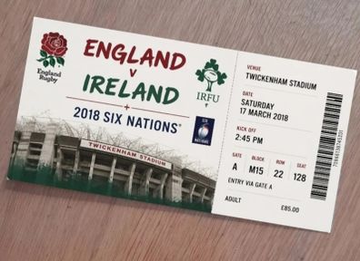 Ireland v England Rugby Souvenir Ticket Twickenham Stadium 17th March 2018