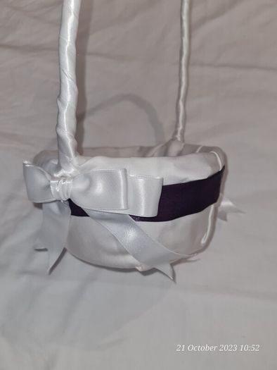 Handmade wedding ring cushion and flowergirl basket with purple detail