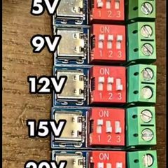Input USB C voltage ranges from 4 V to 22 V. The output is 5V, 9V, 12V, 15V, 20V. Adjustable in increments using a combination of switches.