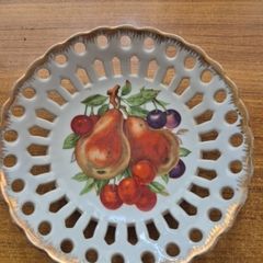Vintage Reticulated Fruit Bowl White Gold Trim Pears Cherries Cutouts
