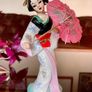 Vintage MCM Geisha Black Hair Red Obi Light Blue Pink Gold Holding a Fan 18 cm Image 8