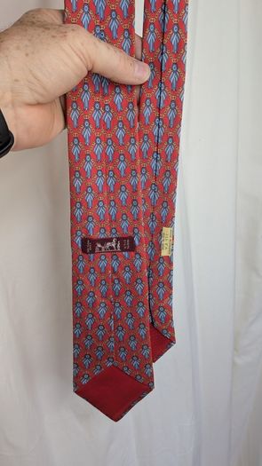 Hermes Paris Silk Tie Red Blue Chain Print Made In France Luxury Designer