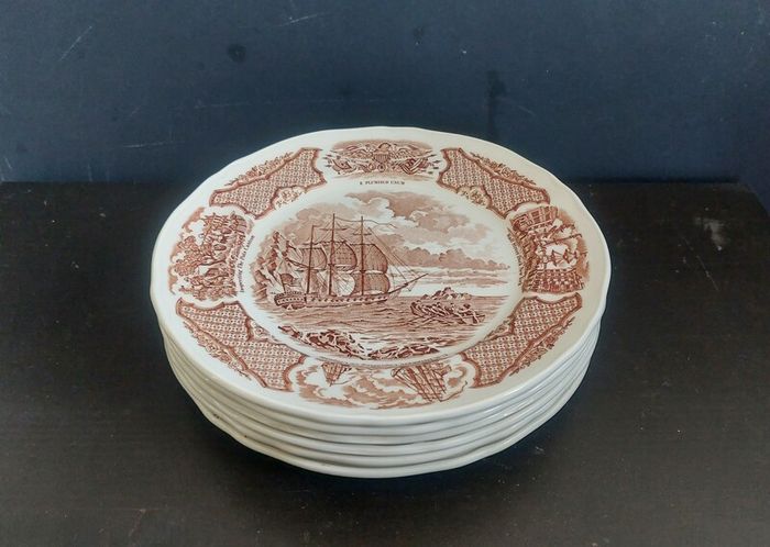 Vintage Set of Six Brown and White Fair Winds, Historical Scenes of Chinese Export to America - "The George Washington at Anchor" Salad Plates by Alfred Meakin
