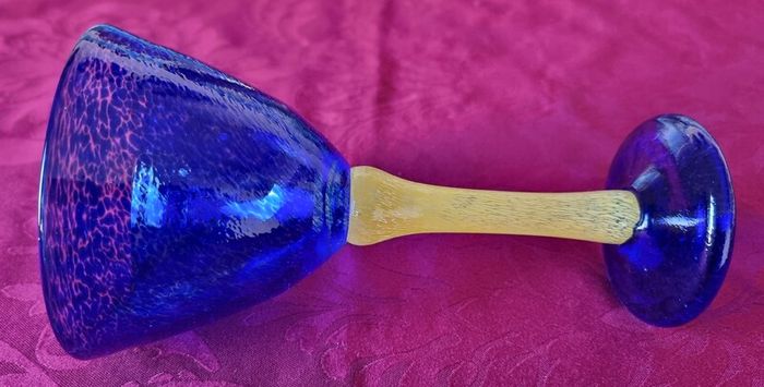 Murano Style Cobalt Blue And Yellow Glass Stemmed Goblet