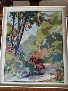 Vintage Framed Handmade Needlepoint Tapestry Woodland Scene