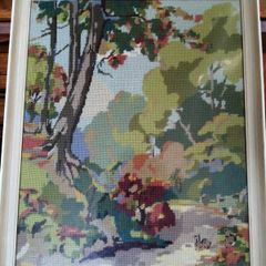 Vintage Framed Handmade Needlepoint Tapestry Woodland Scene