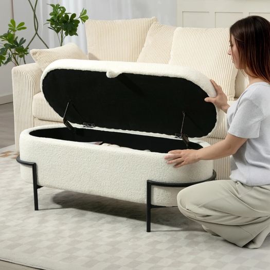 Storage stool, seat stool with lid and storage, steel legs, padded stool with fleece cover, Cream White