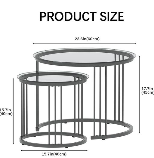 Round Coffee Tables, Set of 2 End Table, Nesting Tables, Side Table with Metal Frame for Living Room/Bedroom/Balcony/Office/Apartment, Diameter 23.6/15.7 IN (Black with Gray Glass)