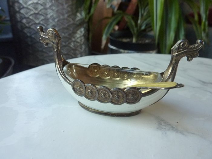 Theodor Olsens Eftf Norway Sterling Enamel Viking Ship Salt Cellar with NM Thune Enamelled Silver Spoon