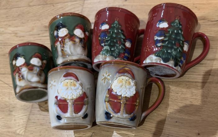 6 Vintage Folk Art Santa And Snow man Hand Glazed CoffeeMug Cup Christmas Textured