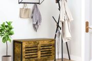 Industrial Storage Chest, Lift Top Storage Bench, Toy Box Organizer with Lid, Louvred Design and Steel Frame, Rustic Brown