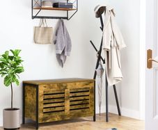 Industrial Storage Chest, Lift Top Storage Bench, Toy Box Organizer with Lid, Louvred Design and Steel Frame, Rustic Brown