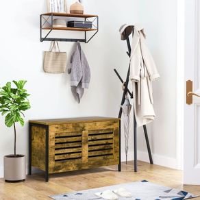 Industrial Storage Chest, Lift Top Storage Bench, Toy Box Organizer with Lid, Louvred Design and Steel Frame, Rustic Brown
