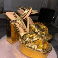 gold snake print platform sandal heels