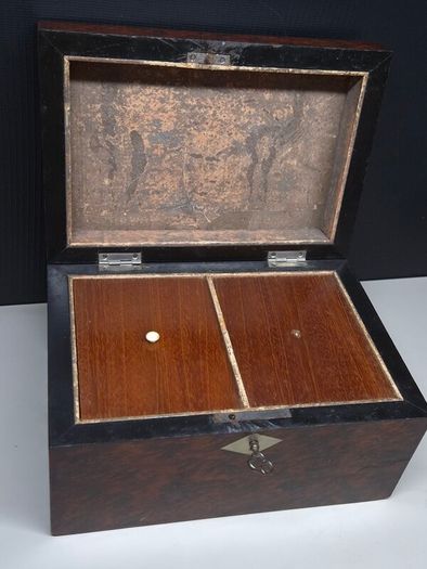 Antique Victorian Burr Wood Tea Caddy Brass Inlay c1850 1880 With Key