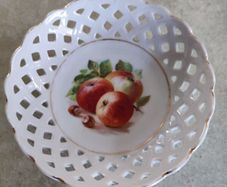 Rare find Small Vintage Schumann Bavaria round  Fruit Bowl , Lattice Edged Schumann Bowls With Fruit and Berries as Trinket dish.