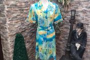 vintage summer shirt dress Blue yellow green size medium
